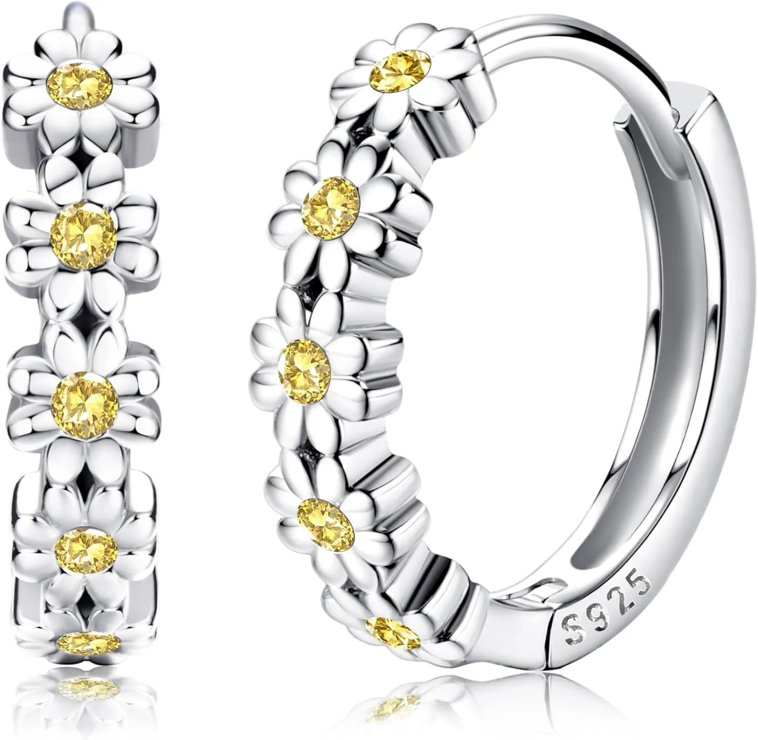 MILACOLATO 925 Sterling Silver Small Hoop Earrings for Women 14K Gold Plated Daisy Huggie Hoop Earrings Pave Rainbow Cubic Zirconia Cute Flower Hoop Earrings Hypoallergenic Earrings