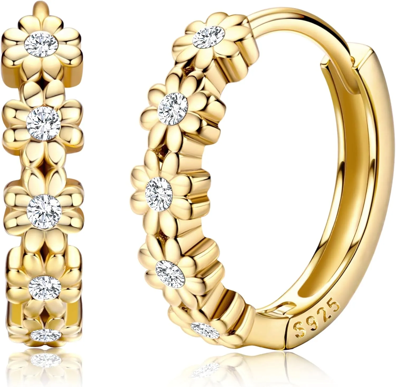 MILACOLATO 925 Sterling Silver Small Hoop Earrings for Women 14K Gold Plated Daisy Huggie Hoop Earrings Pave Rainbow Cubic Zirconia Cute Flower Hoop Earrings Hypoallergenic Earrings