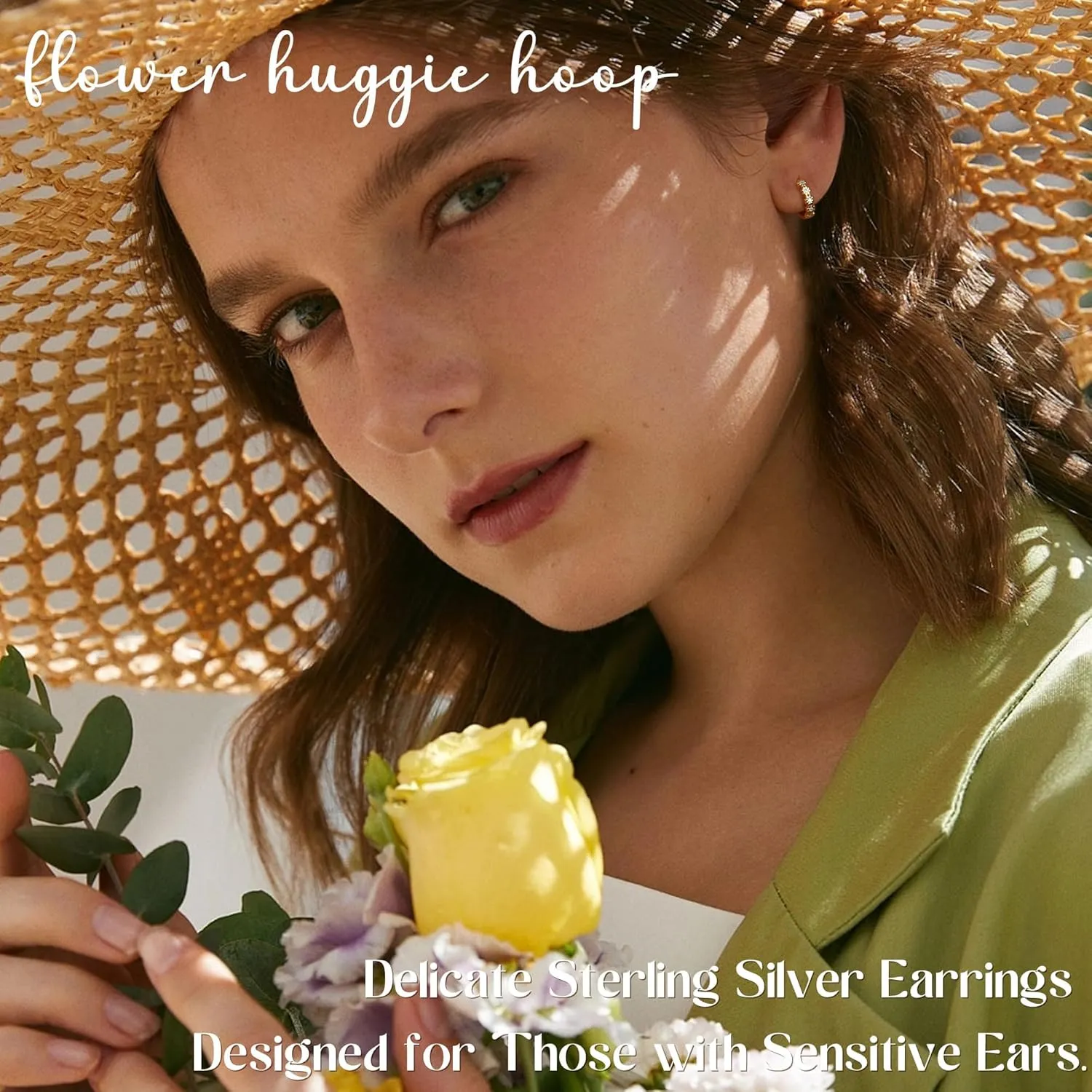 MILACOLATO 925 Sterling Silver Small Hoop Earrings for Women 14K Gold Plated Daisy Huggie Hoop Earrings Pave Rainbow Cubic Zirconia Cute Flower Hoop Earrings Hypoallergenic Earrings