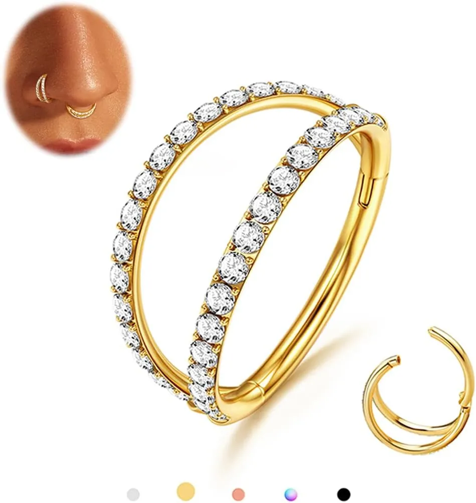 MILACOLATO G23 Titanium Nose Rings Hoops 16G 18G 20G Double Hoop Septum Click Nose Rings Lip Rook Lobe Tragus Helix Cartilage Daith Conch Earrings Clear CZ Paved Nose Piercing Jewelry for Women Men