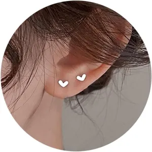 Mini Silver Stud Earrings, Dainty Simple Heart Stud Earrings for Women, Small Tiny Earrings for Tragus Cartilage