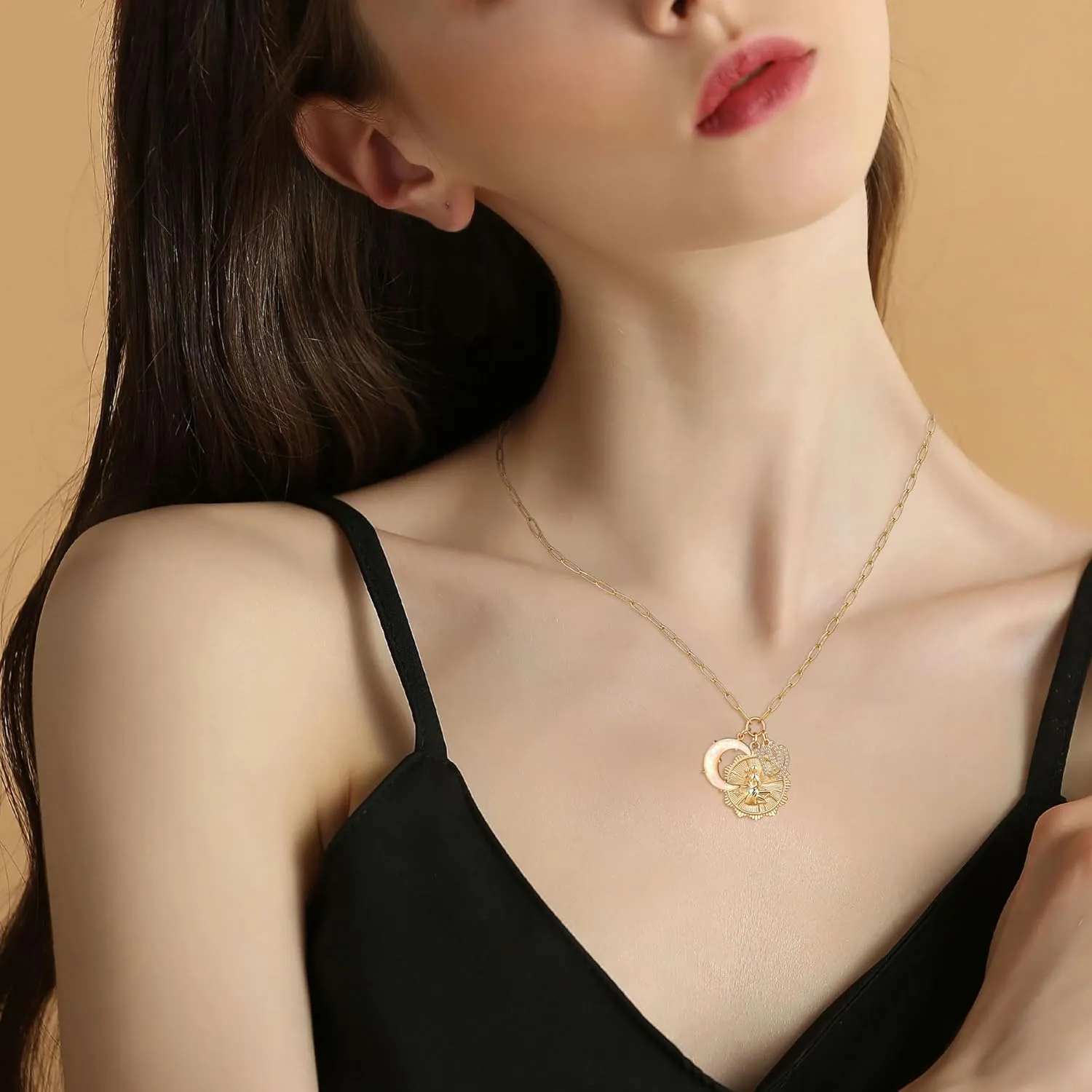 MISS RIGHT Gold Zodiac Sign Coin Necklace with Opal Crescent Moon Charm for Women Trendy, Dainty Gold Paperclip Chain 12 Constellation Horoscope Necklaces Astrology Jewelry Gifts