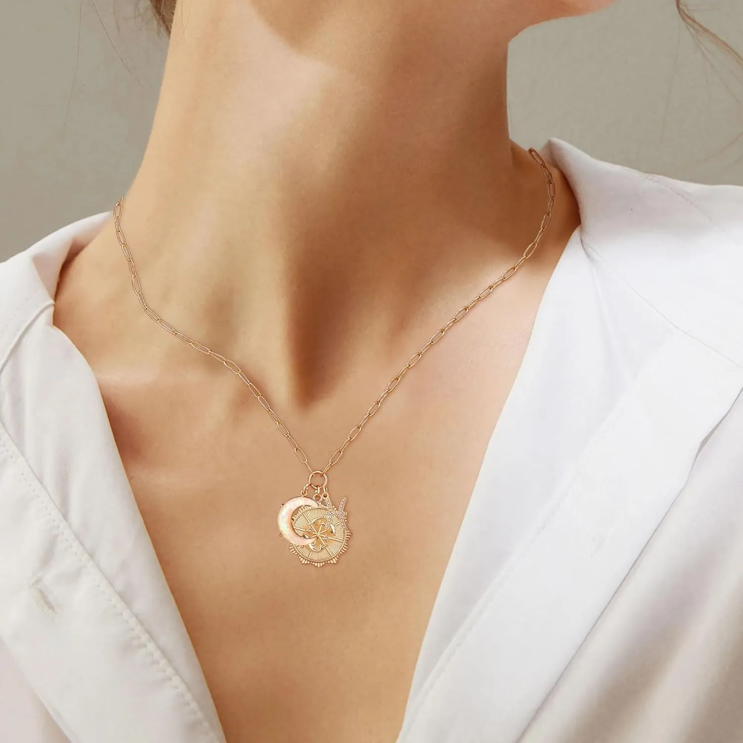MISS RIGHT Gold Zodiac Sign Coin Necklace with Opal Crescent Moon Charm for Women Trendy, Dainty Gold Paperclip Chain 12 Constellation Horoscope Necklaces Astrology Jewelry Gifts