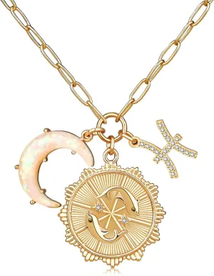 MISS RIGHT Gold Zodiac Sign Coin Necklace with Opal Crescent Moon Charm for Women Trendy, Dainty Gold Paperclip Chain 12 Constellation Horoscope Necklaces Astrology Jewelry Gifts