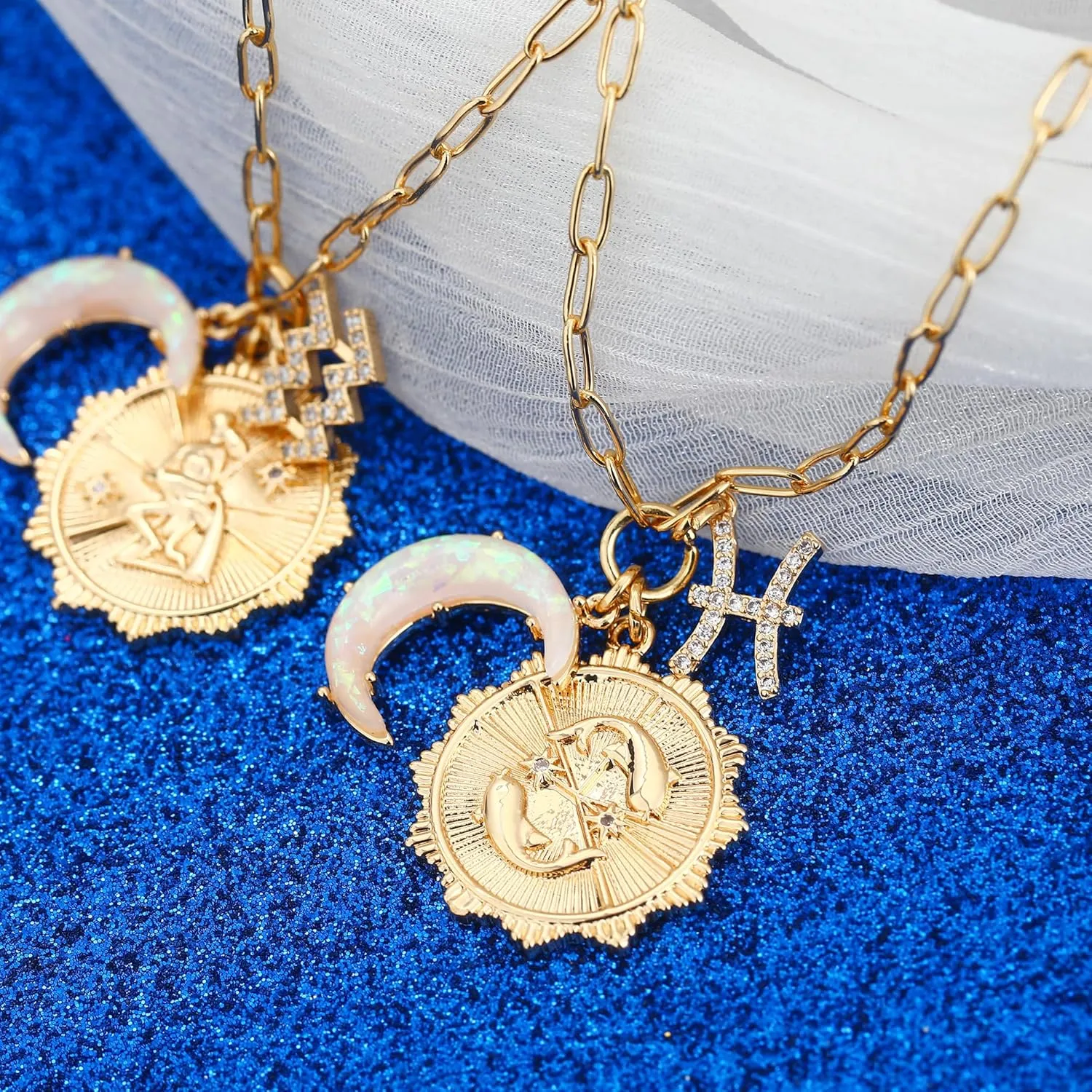 MISS RIGHT Gold Zodiac Sign Coin Necklace with Opal Crescent Moon Charm for Women Trendy, Dainty Gold Paperclip Chain 12 Constellation Horoscope Necklaces Astrology Jewelry Gifts