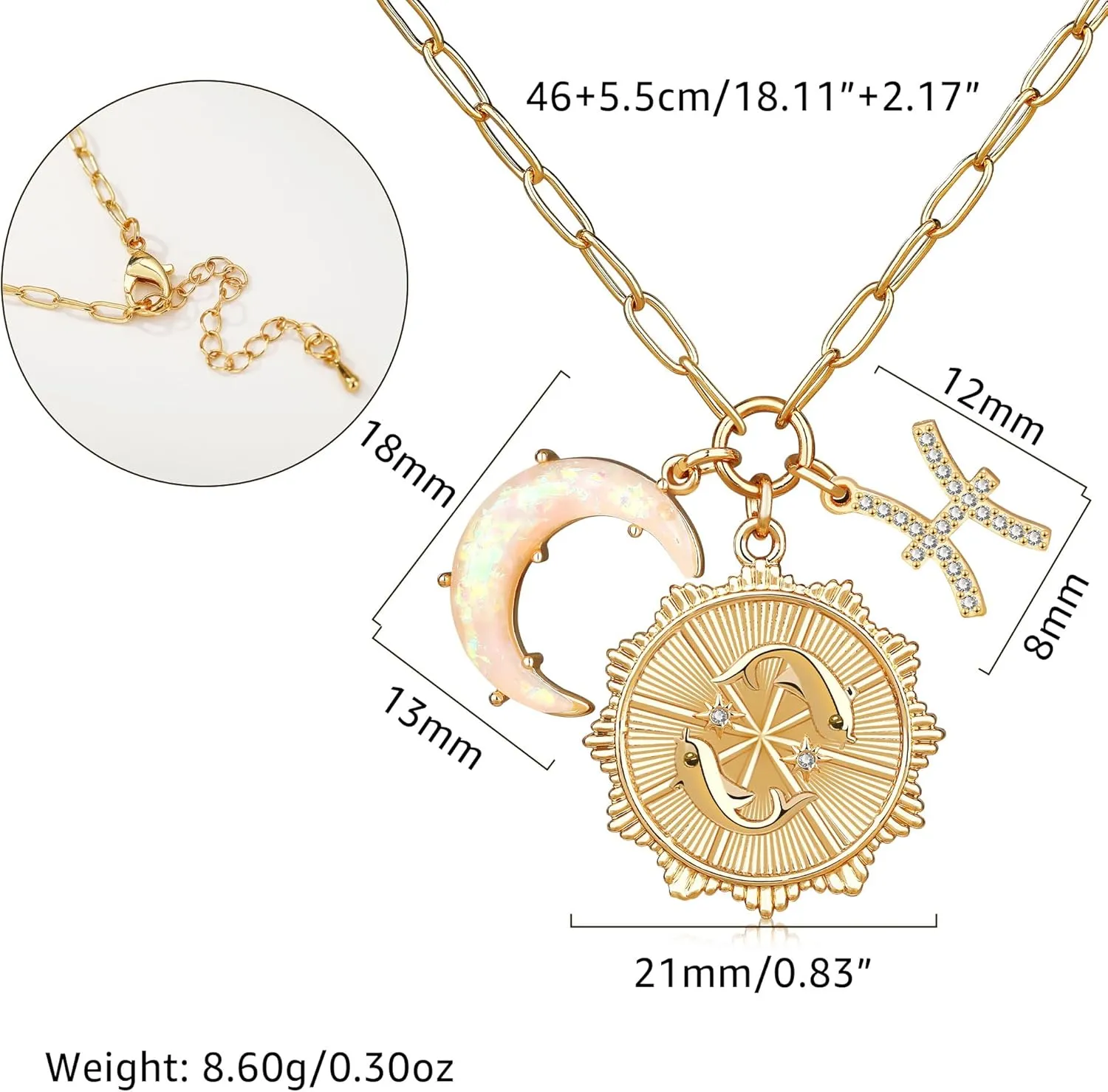 MISS RIGHT Gold Zodiac Sign Coin Necklace with Opal Crescent Moon Charm for Women Trendy, Dainty Gold Paperclip Chain 12 Constellation Horoscope Necklaces Astrology Jewelry Gifts