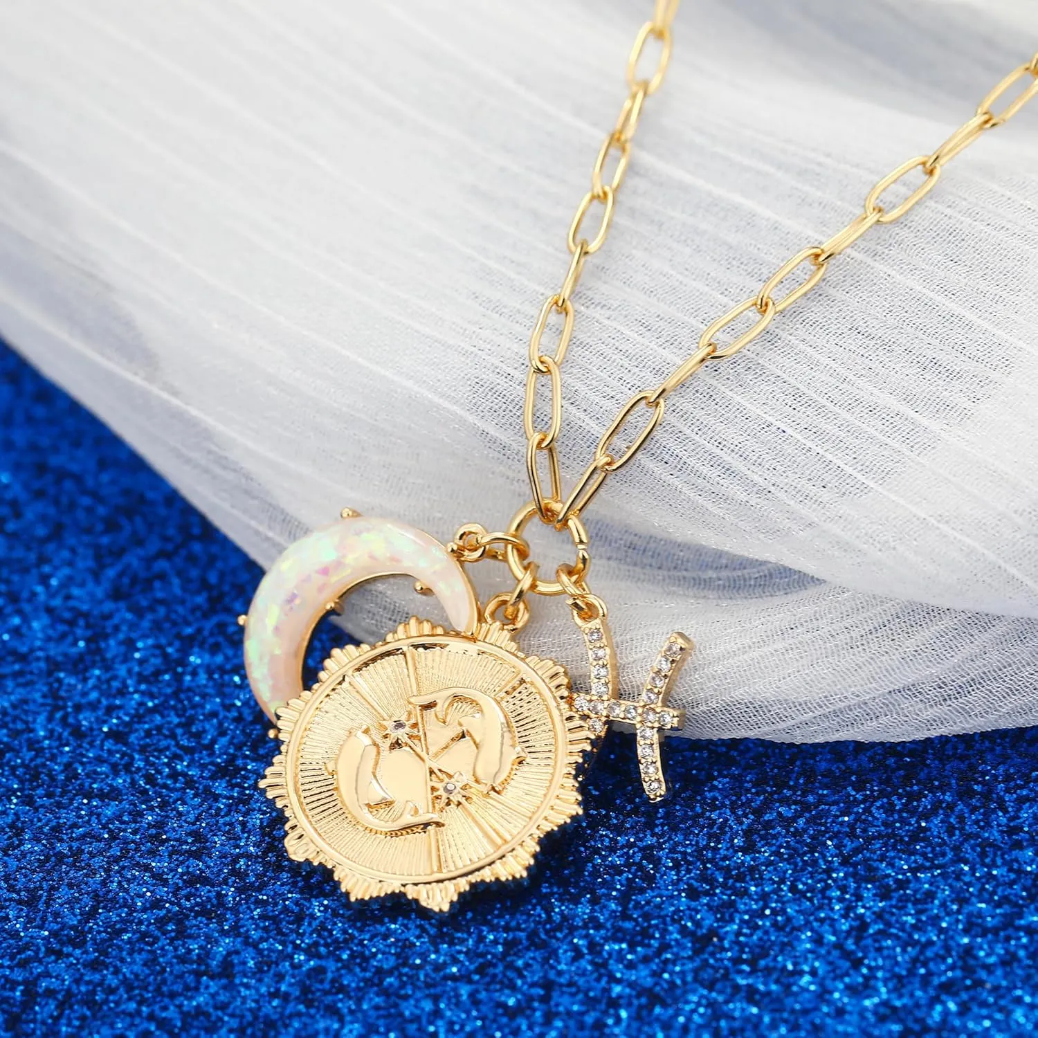 MISS RIGHT Gold Zodiac Sign Coin Necklace with Opal Crescent Moon Charm for Women Trendy, Dainty Gold Paperclip Chain 12 Constellation Horoscope Necklaces Astrology Jewelry Gifts