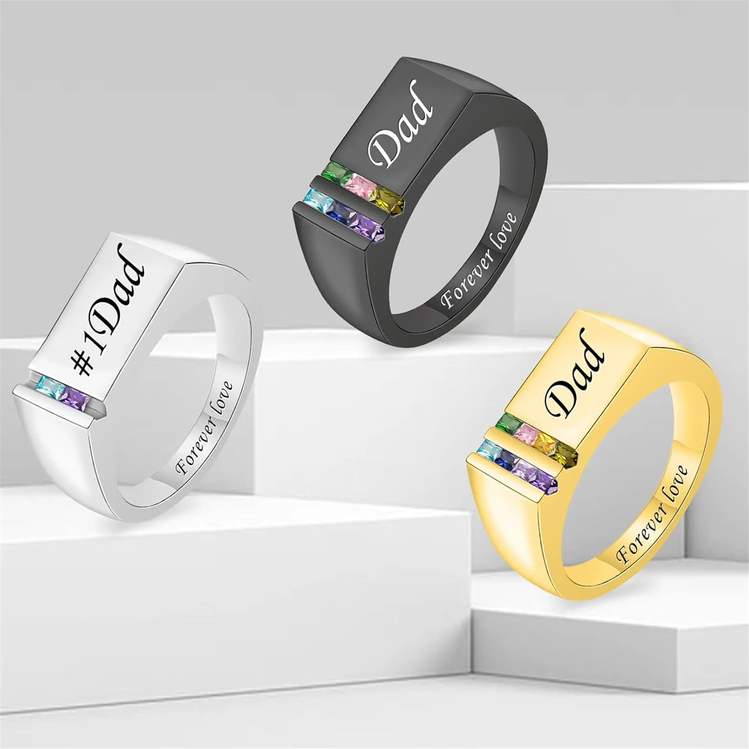MissNaNa Mens Custom Rings Personalized Father Ring with Simulated Birthstones DAD Birthstones Ring for Men Birthday Christmas Father's Day Gifts for Men