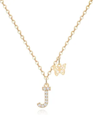 MJartoria Dainty Initial Necklace Butterfly Pendant Necklace, 14K Gold Plated Cubic Zirconia Letter Dainty Necklaces Jewelry Birthday Gifts for Women