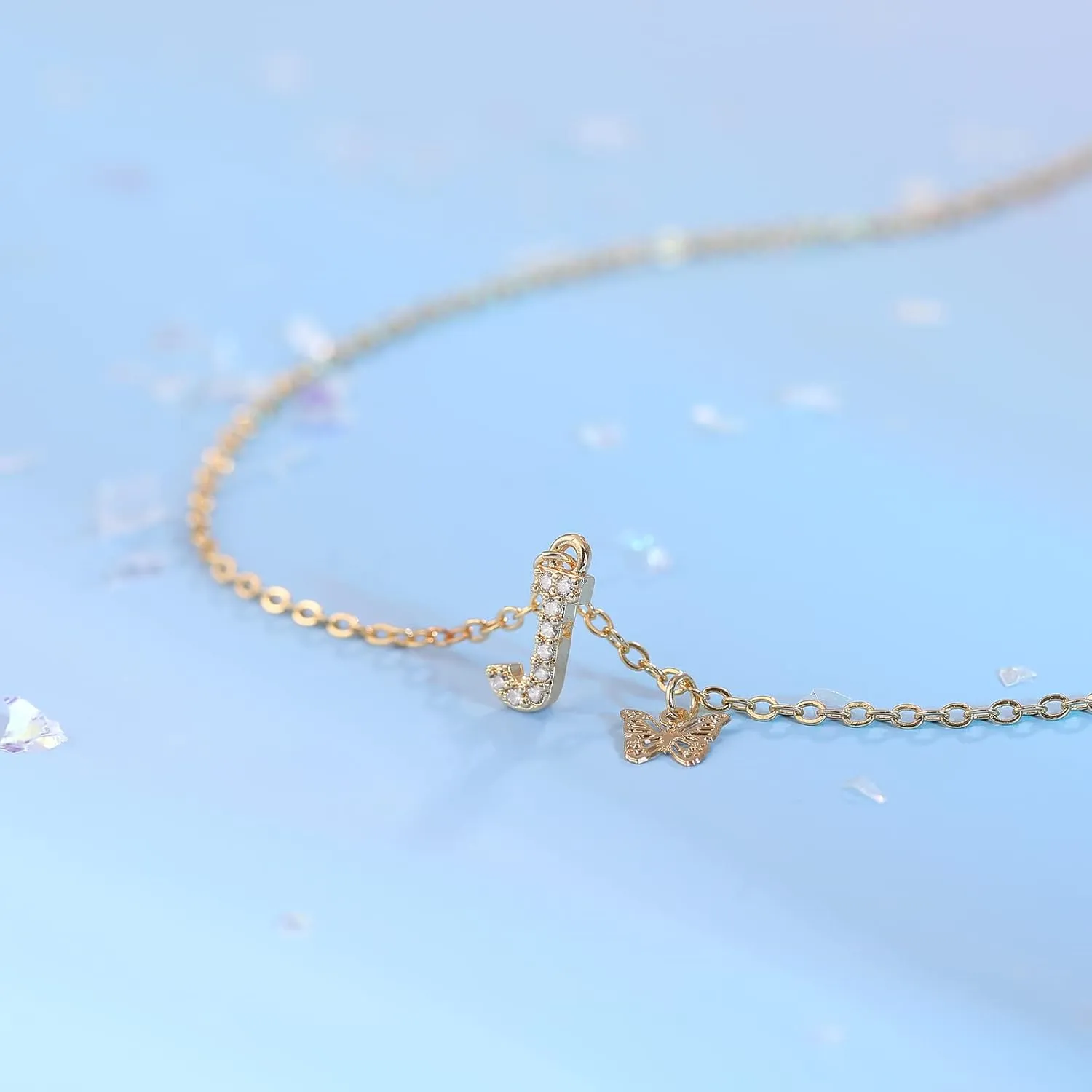 MJartoria Dainty Initial Necklace Butterfly Pendant Necklace, 14K Gold Plated Cubic Zirconia Letter Dainty Necklaces Jewelry Birthday Gifts for Women
