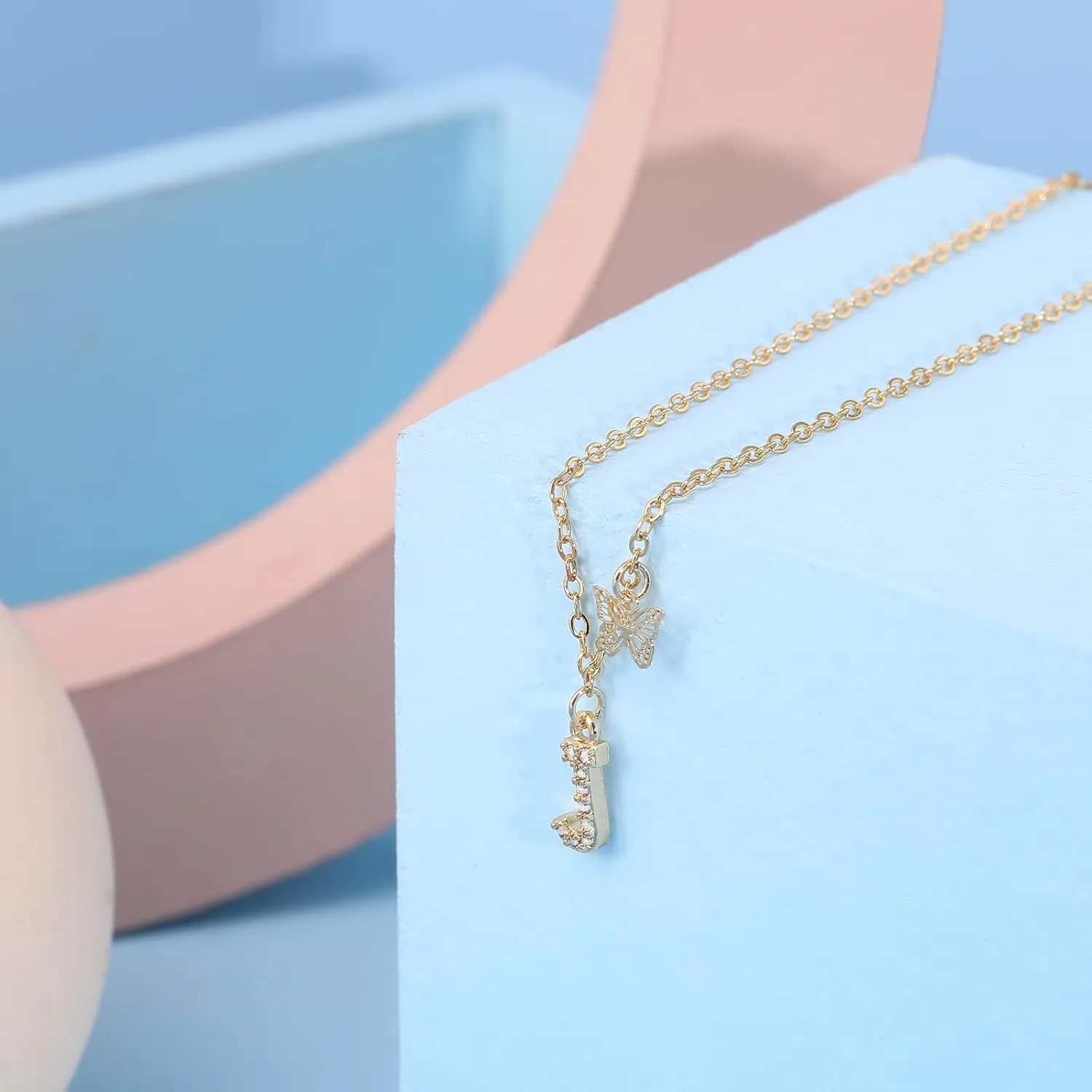 MJartoria Dainty Initial Necklace Butterfly Pendant Necklace, 14K Gold Plated Cubic Zirconia Letter Dainty Necklaces Jewelry Birthday Gifts for Women