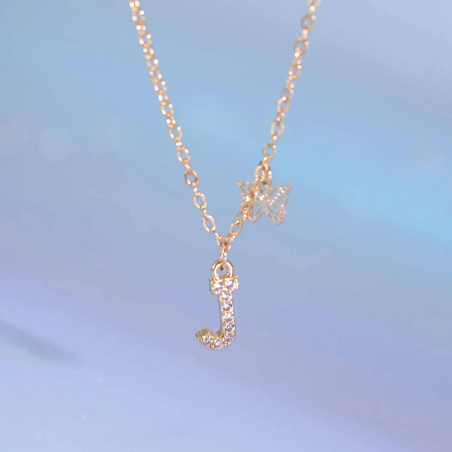 MJartoria Dainty Initial Necklace Butterfly Pendant Necklace, 14K Gold Plated Cubic Zirconia Letter Dainty Necklaces Jewelry Birthday Gifts for Women