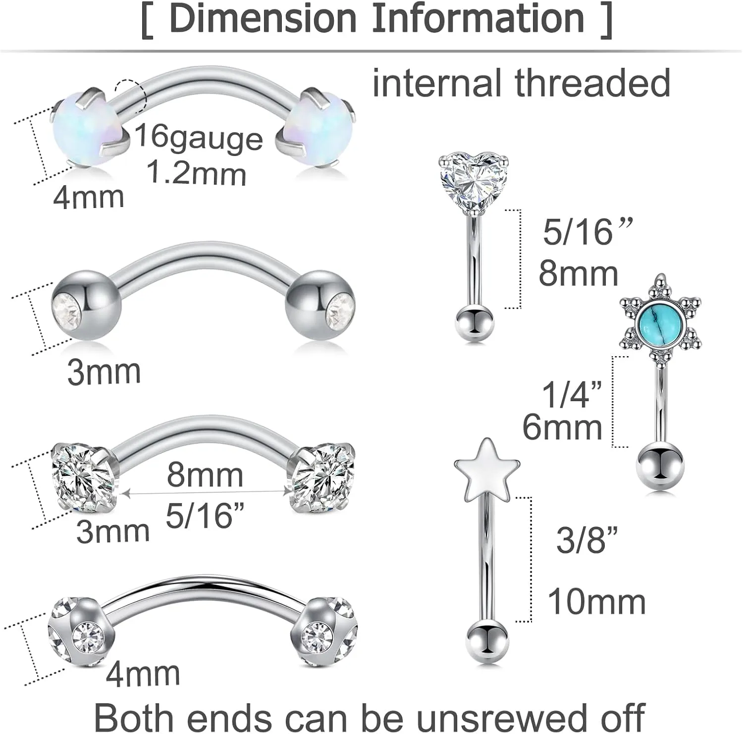 MODRSA Rook Piercing Jewelry Rook Earrings for Women Eyebrow Rings Surgical Steel Vertical Labret Jewelry 16g 14g Curved Barbell Snug Daith Surface Tragus Piercing Jewelry Silver Gold