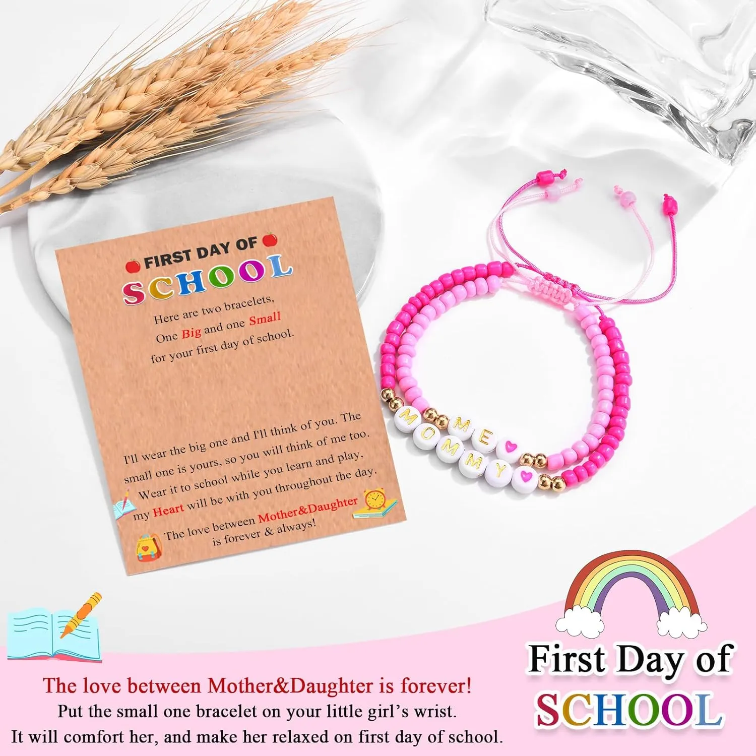 MOMMY& ME Back to School/First Day of School Bracelet Gifts, First Day of Kindergarten Preschool First/Second Grade Bracelet Gifts, Set of 2 Pink Small Beads Bracelet for Girls
