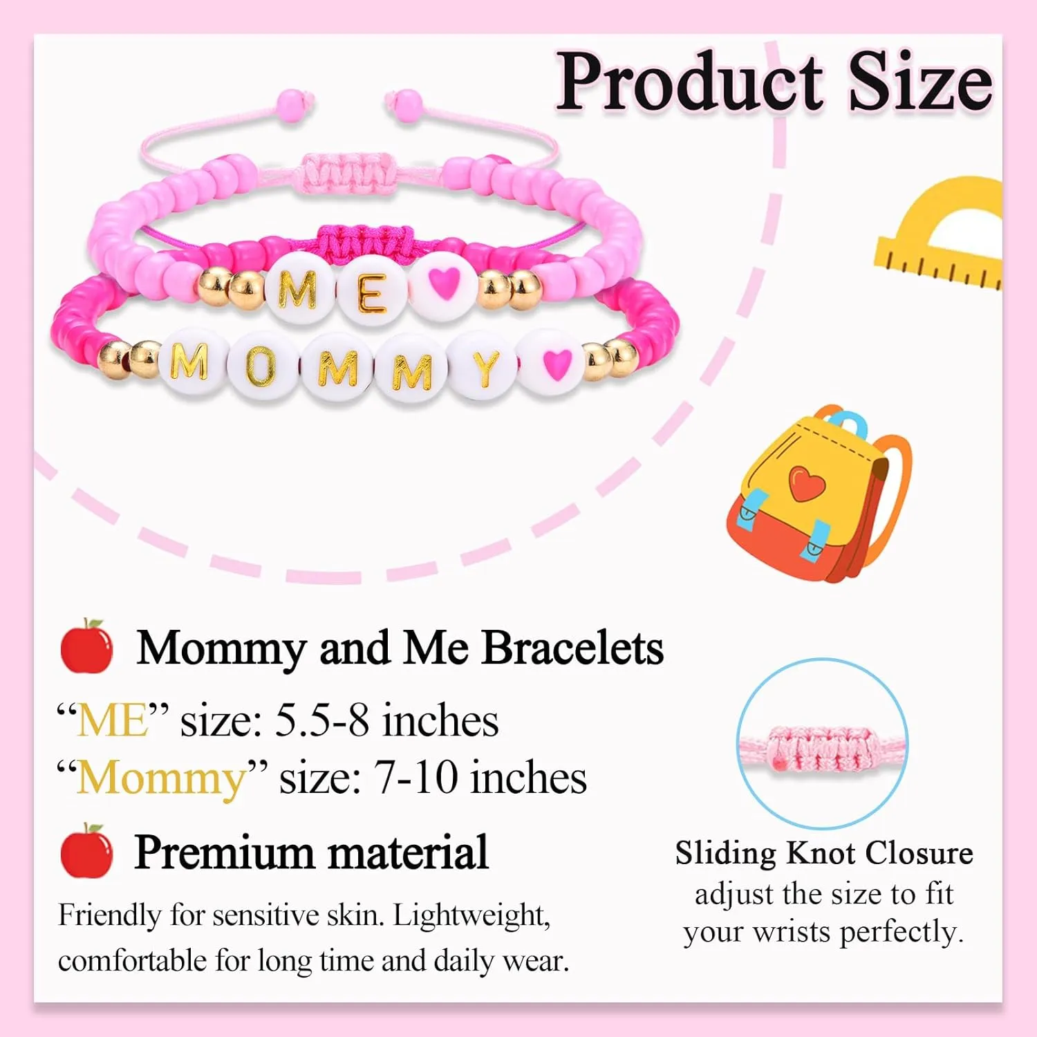 MOMMY& ME Back to School/First Day of School Bracelet Gifts, First Day of Kindergarten Preschool First/Second Grade Bracelet Gifts, Set of 2 Pink Small Beads Bracelet for Girls