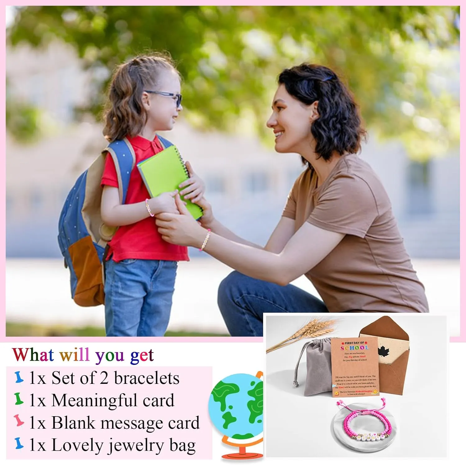 MOMMY& ME Back to School/First Day of School Bracelet Gifts, First Day of Kindergarten Preschool First/Second Grade Bracelet Gifts, Set of 2 Pink Small Beads Bracelet for Girls