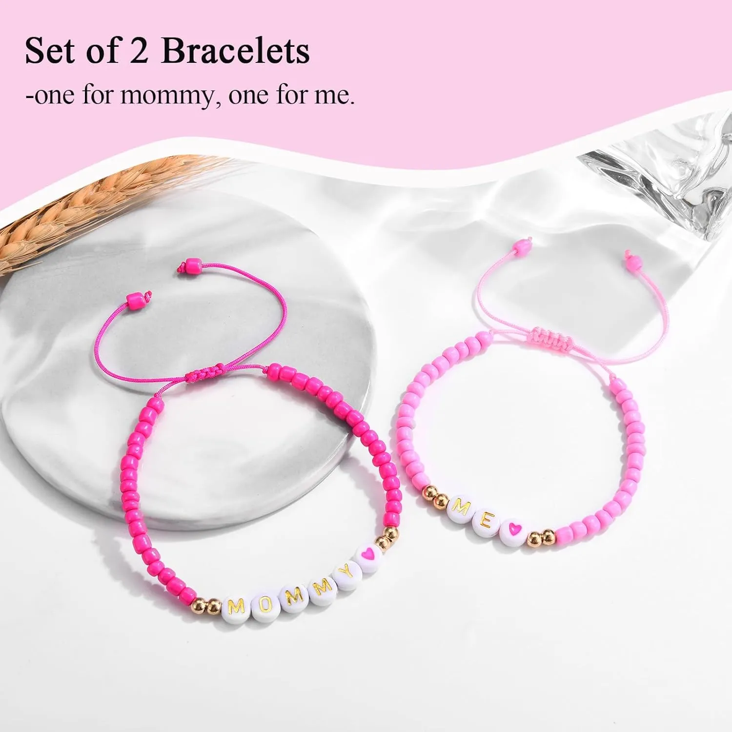 MOMMY& ME Back to School/First Day of School Bracelet Gifts, First Day of Kindergarten Preschool First/Second Grade Bracelet Gifts, Set of 2 Pink Small Beads Bracelet for Girls