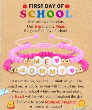 MOMMY& ME Back to School/First Day of School Bracelet Gifts, First Day of Kindergarten Preschool First/Second Grade Bracelet Gifts, Set of 2 Pink Small Beads Bracelet for Girls