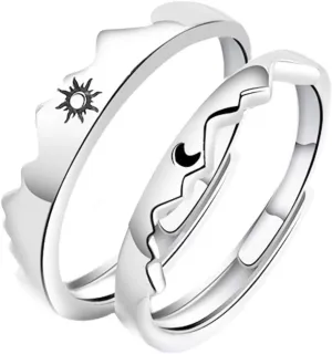 Moon And Sun Rings For Couples Best Friends Adjustable Engraved Promise Matching Relationship Friendship Mountain Sea Puzzle Sun Moon Couples Rings Gift For Him And Her Set 2 Valentine's Day Gift