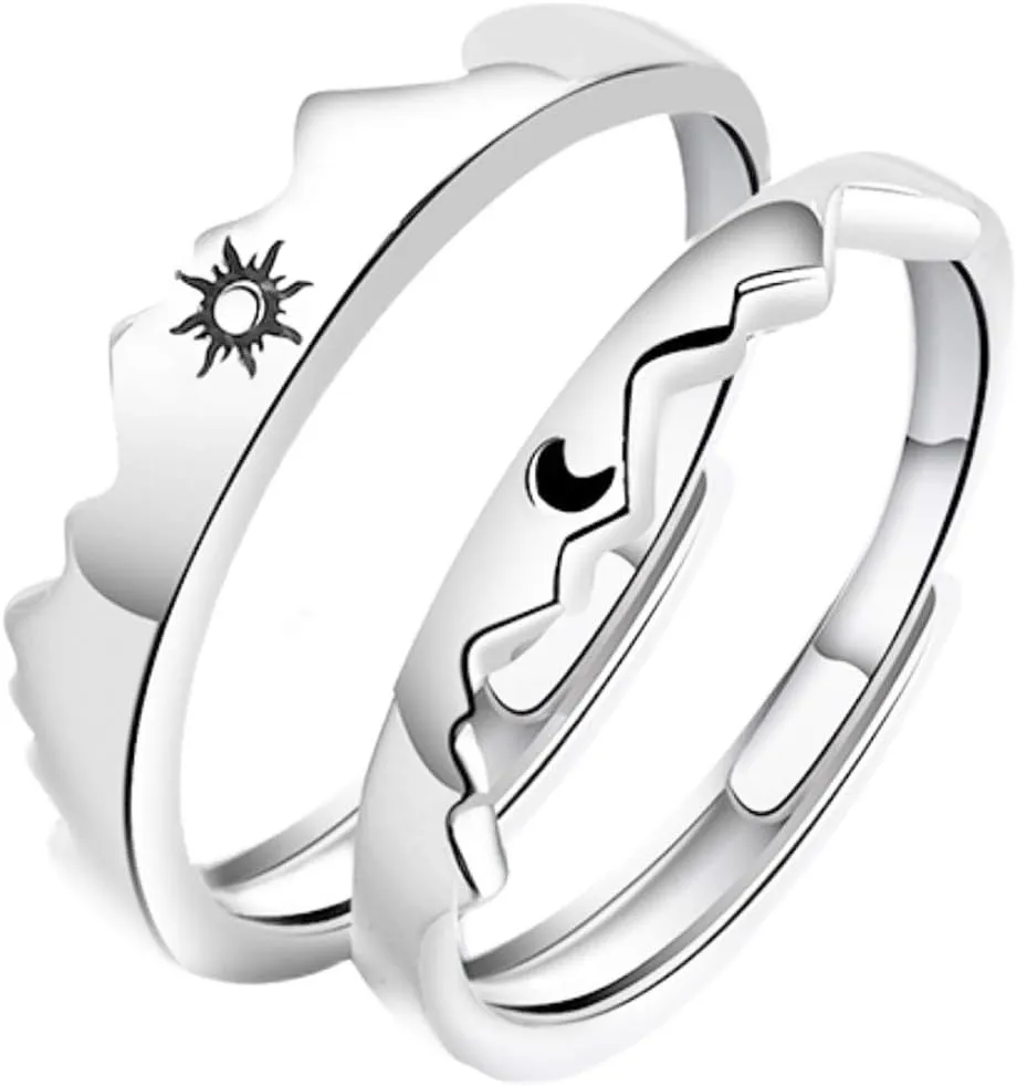Moon And Sun Rings For Couples Best Friends Adjustable Engraved Promise Matching Relationship Friendship Mountain Sea Puzzle Sun Moon Couples Rings Gift For Him And Her Set 2 Valentine's Day Gift