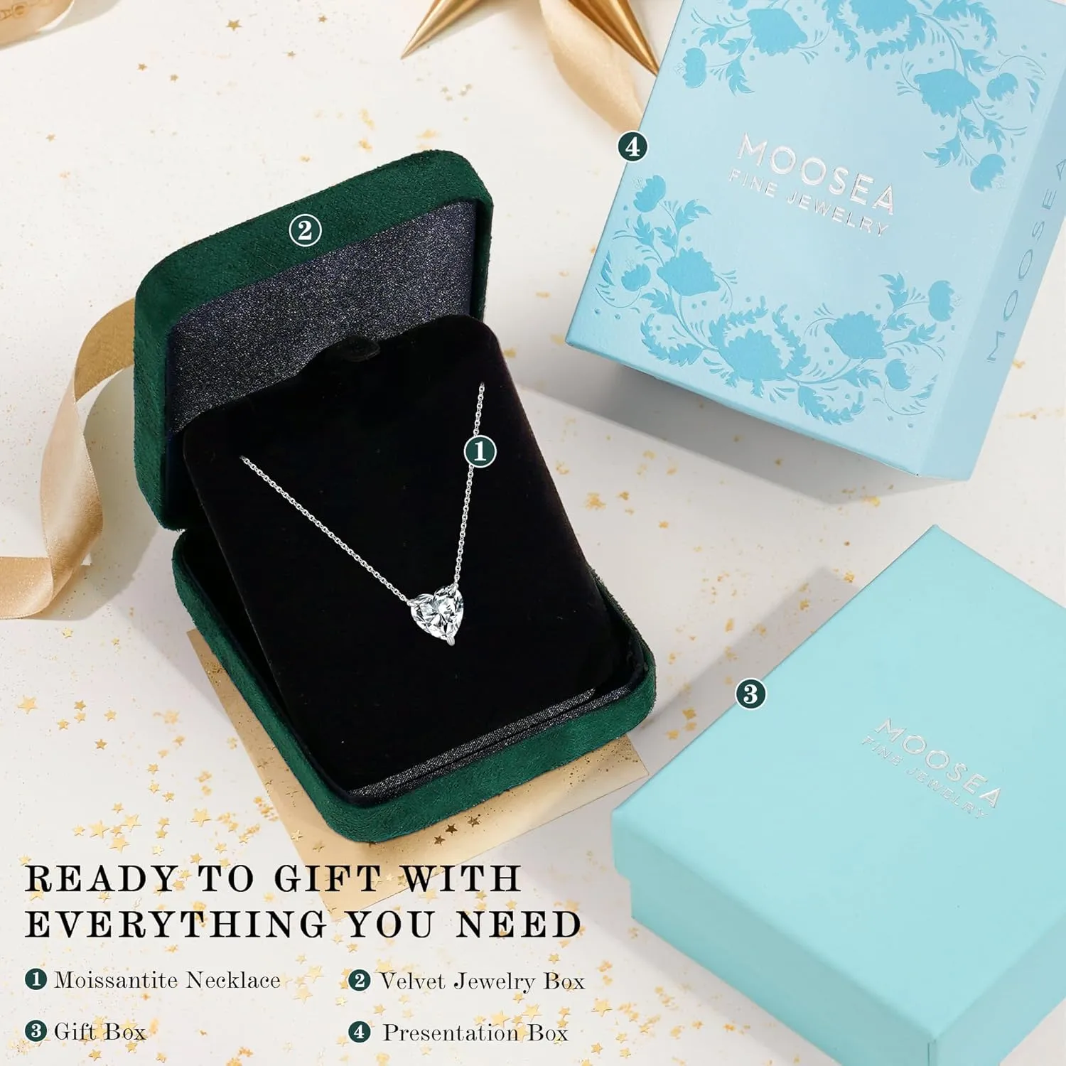 MOOSEA Heart and Round Pendant Necklace for Women, Gifts for Wife, 1-4 Carat Moissanite Jewelry, D Color VVS1 Clarity Lab Created Moissanite 925 Sterling Silver Necklaces