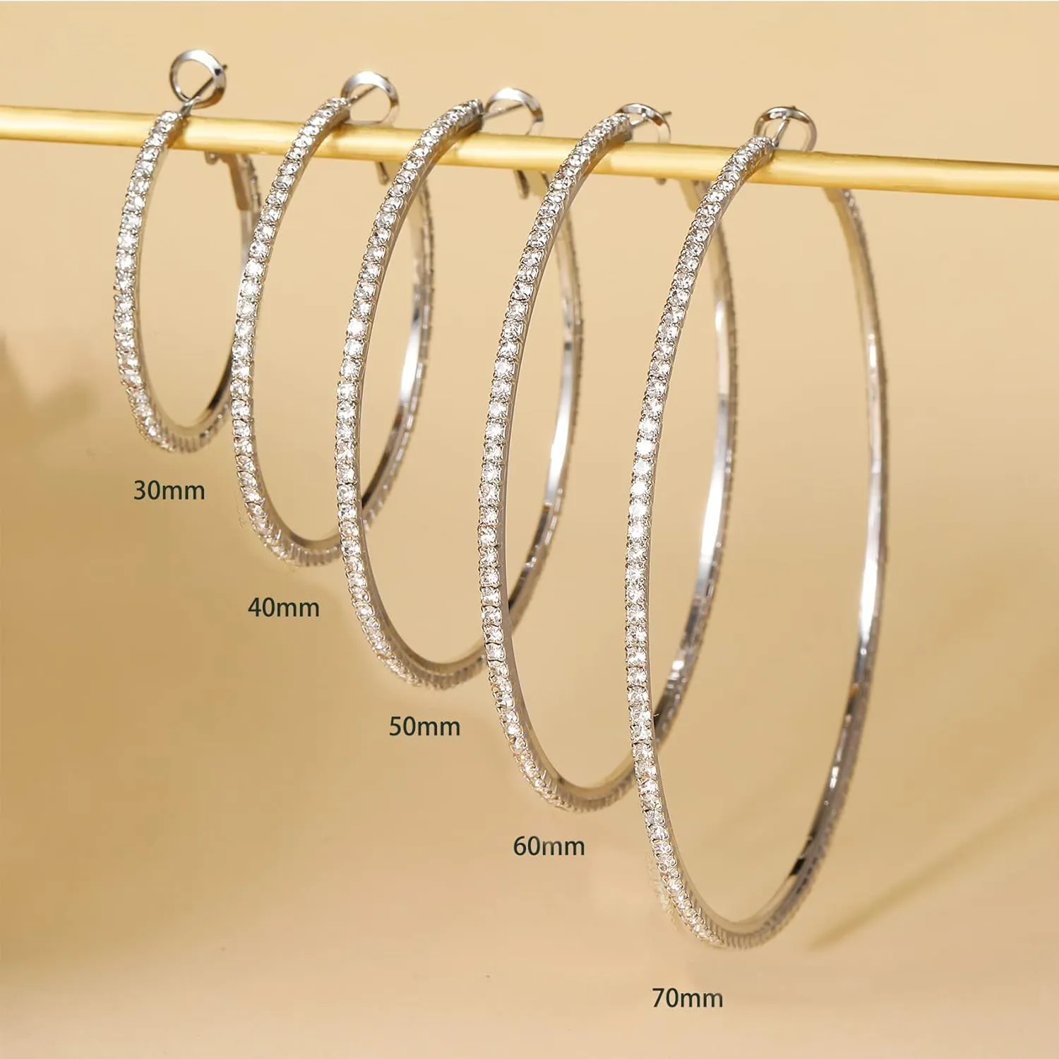 MOROTOLE 14K Gold Rhinestone Hoop Earrings - Fashion Thin Big Hoops, Hypoallergenic, 20/30/40/50/60/70mm
