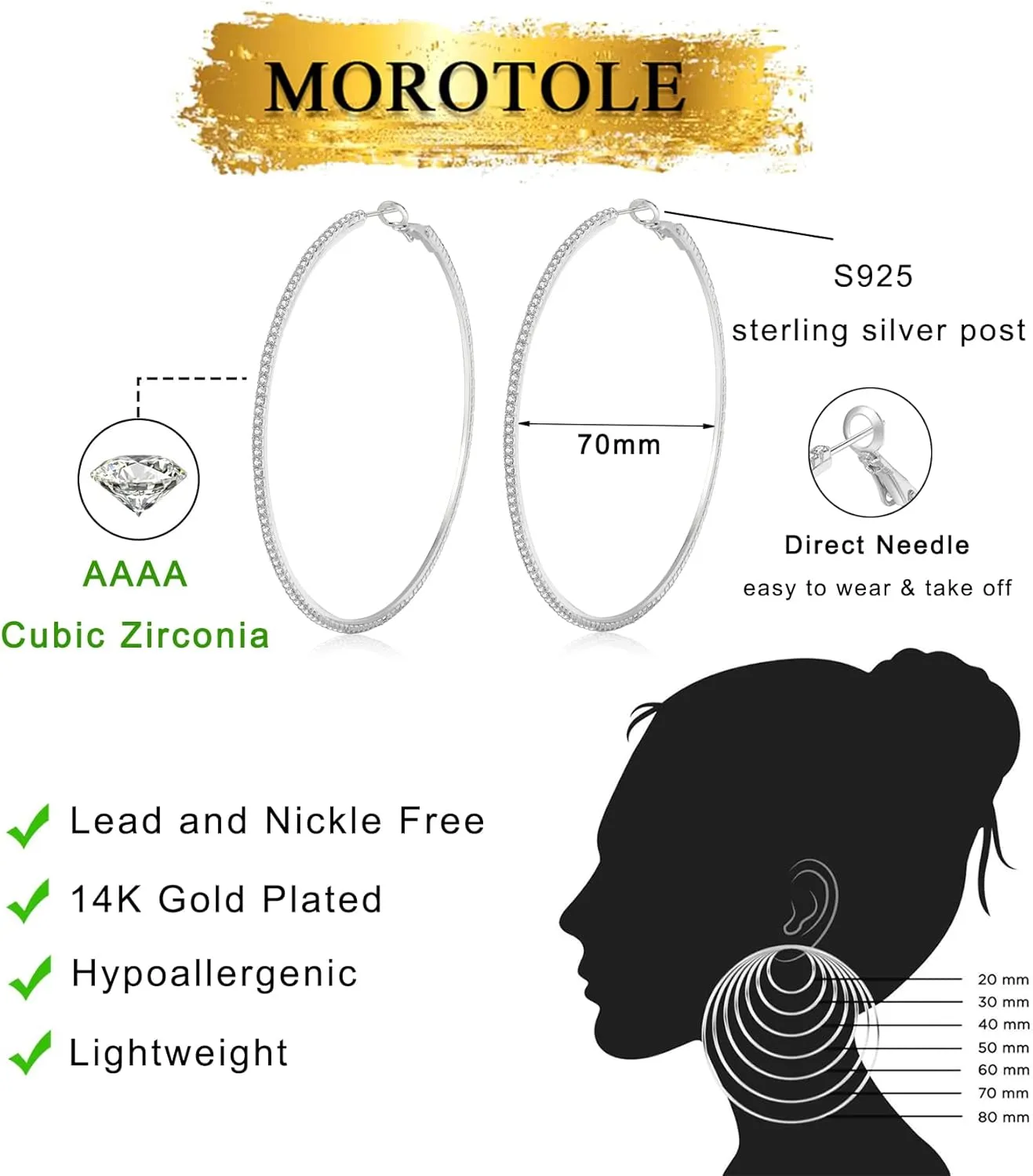 MOROTOLE 14K Gold Rhinestone Hoop Earrings - Fashion Thin Big Hoops, Hypoallergenic, 20/30/40/50/60/70mm