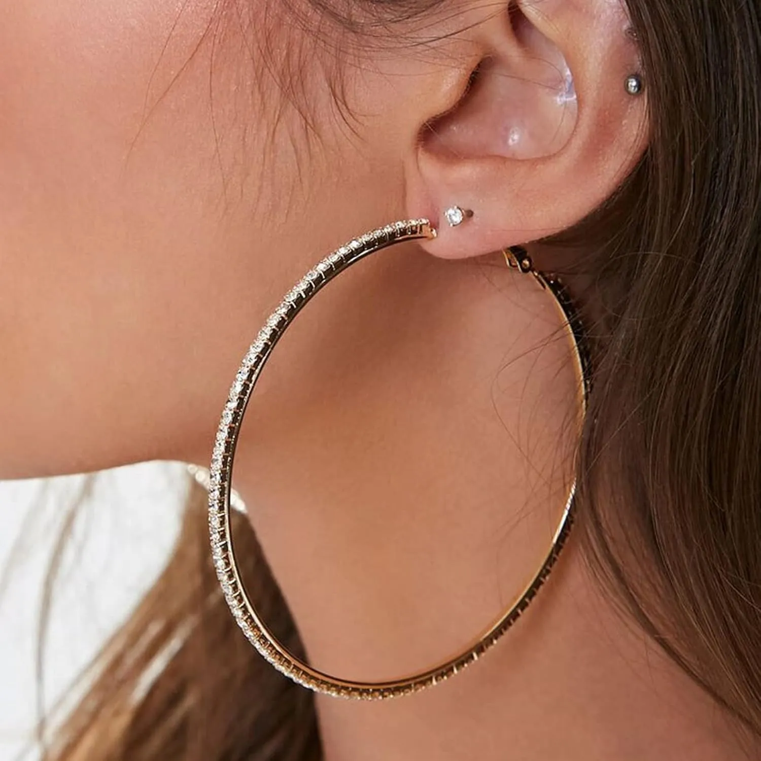 MOROTOLE 14K Gold Rhinestone Hoop Earrings - Fashion Thin Big Hoops, Hypoallergenic, 20/30/40/50/60/70mm