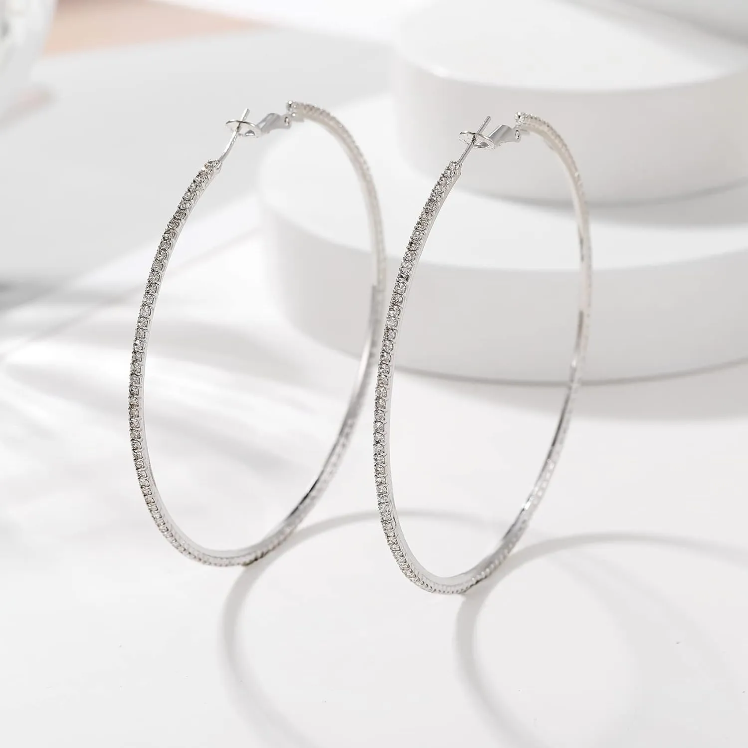 MOROTOLE 14K Gold Rhinestone Hoop Earrings - Fashion Thin Big Hoops, Hypoallergenic, 20/30/40/50/60/70mm