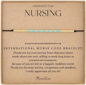Morse Code Beaded Bracelets Tiny Turquoise Stone Beads Morse Code String Rope Bracelets Godmother New Beginning You'll be Missed BFF Thank You Graduation Baptism Goodbye GIft with Message Card