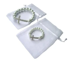 Mother & Child Matching White Simulated Pearl Bead & Sideways Crystal Cross Stretch Bracelets with Organza Gift Bags