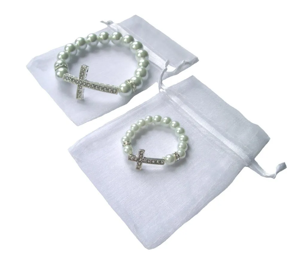 Mother & Child Matching White Simulated Pearl Bead & Sideways Crystal Cross Stretch Bracelets with Organza Gift Bags