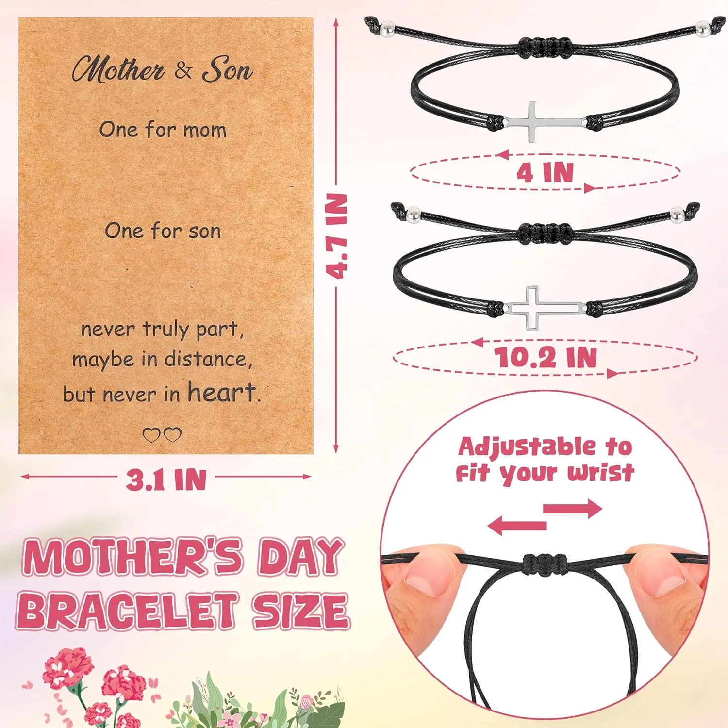 Mothers Day Bracelet Gifts, Adjustable Hearts Mother and Son Bracelet with Card, Celebrate Love Mothers Day Gifts for Grandma Son Accessories