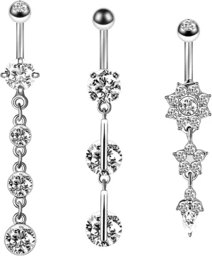 Navel Rings for Women Stainless Steel, CZ Gold Navel Rings for Women 3Pcs Flower And Round Shaped Silver Navel Rings