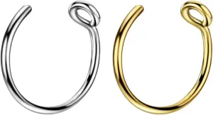 No Piercing Needed - 20G Faux Piercing Jewelry 6mm, 8mm, 10mm Fake Nose Ring Hoop Set of 2 Clip On Nose Rings