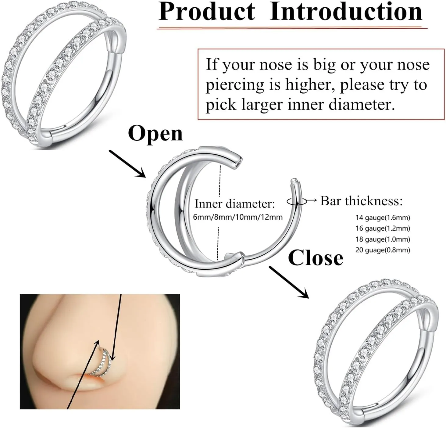 Nose Rings Hoops - 316L Surgical Steel Double Hoop Nose Rings 14G/16G/18G/20G Hinged CZ Conch Piercing Jewelry Septum Lip Rings Cartilage Earring Helix Rook Tragus Daith 6mm/8mm/10mm/12mm