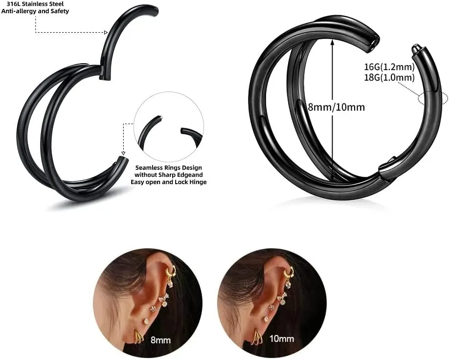 Nose Rings Hoops - 316L Surgical Steel Double Hoop Nose Rings 14G/16G/18G/20G Hinged CZ Conch Piercing Jewelry Septum Lip Rings Cartilage Earring Helix Rook Tragus Daith 6mm/8mm/10mm/12mm