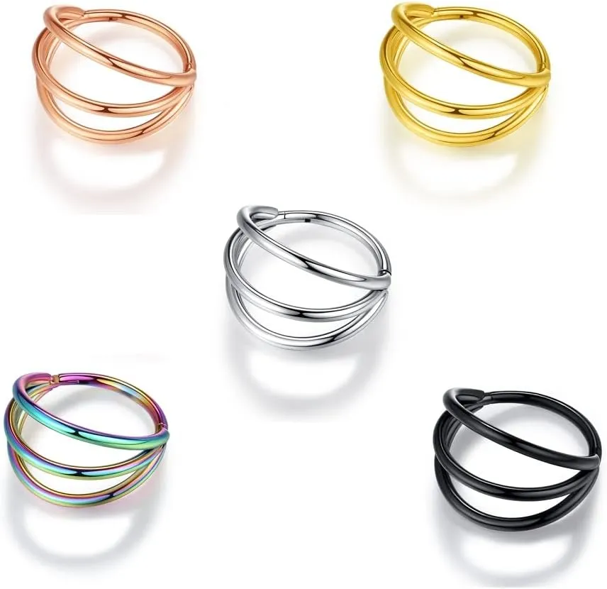 Nose Rings Hoops - 316L Surgical Steel Double Hoop Nose Rings 14G/16G/18G/20G Hinged CZ Conch Piercing Jewelry Septum Lip Rings Cartilage Earring Helix Rook Tragus Daith 6mm/8mm/10mm/12mm