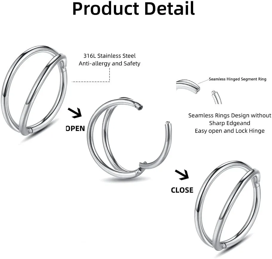 Nose Rings Hoops - 316L Surgical Steel Double Hoop Nose Rings 14G/16G/18G/20G Hinged CZ Conch Piercing Jewelry Septum Lip Rings Cartilage Earring Helix Rook Tragus Daith 6mm/8mm/10mm/12mm