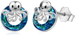 Octopus Earrings Sterling Silver Ocean Octopus Stud Earrings Animal Blue Circle Crystal Earrings Squid Beach Jewelry Birthday Gifts for Women Daughter Sister