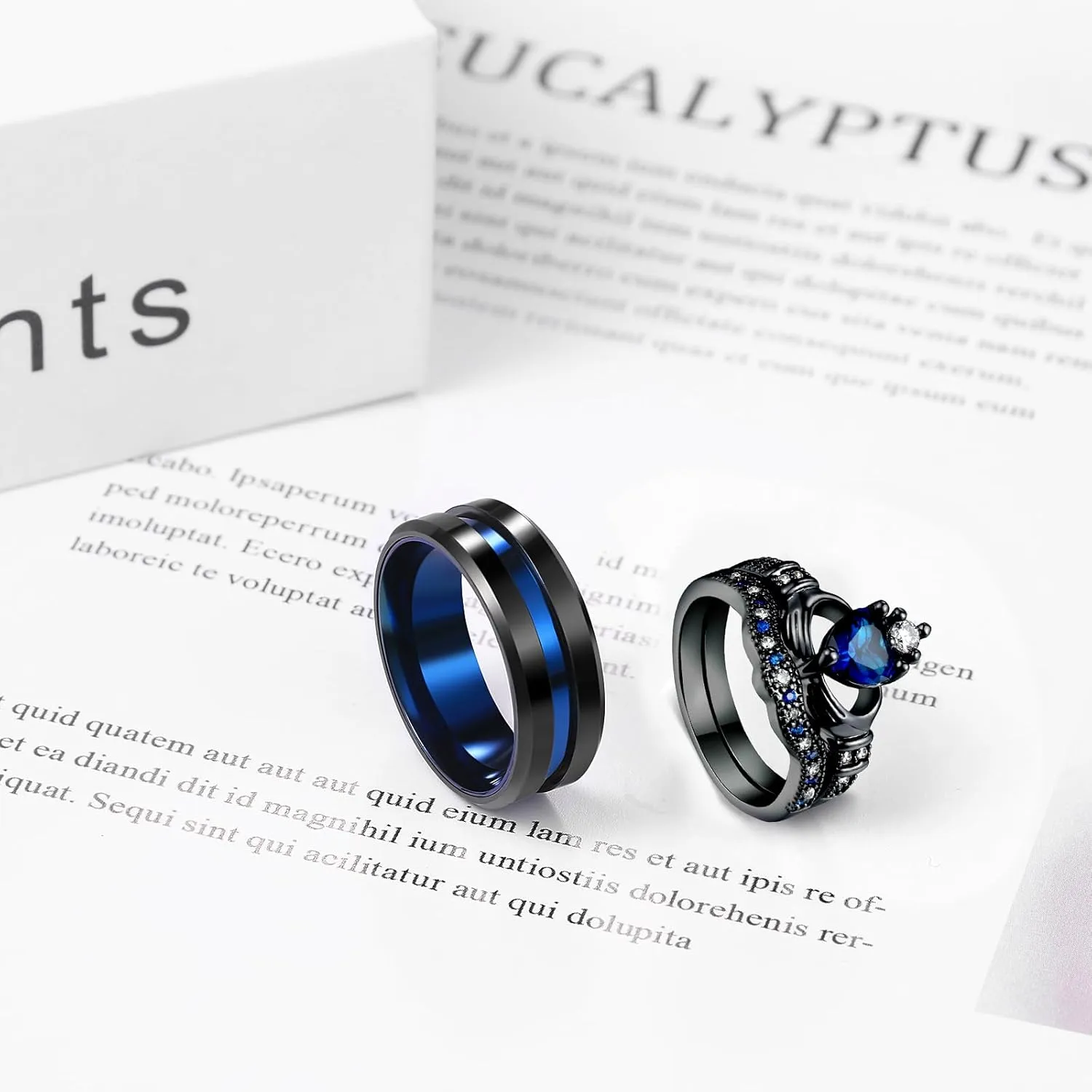 OIDEA Promise Rings for Women Men - His and Hers Matching Couple Ring, Engagement Ring Wedding Ring Band Set, Black and Blue Heart Shaped Crown Sapphire Cubic Zirconia Rings