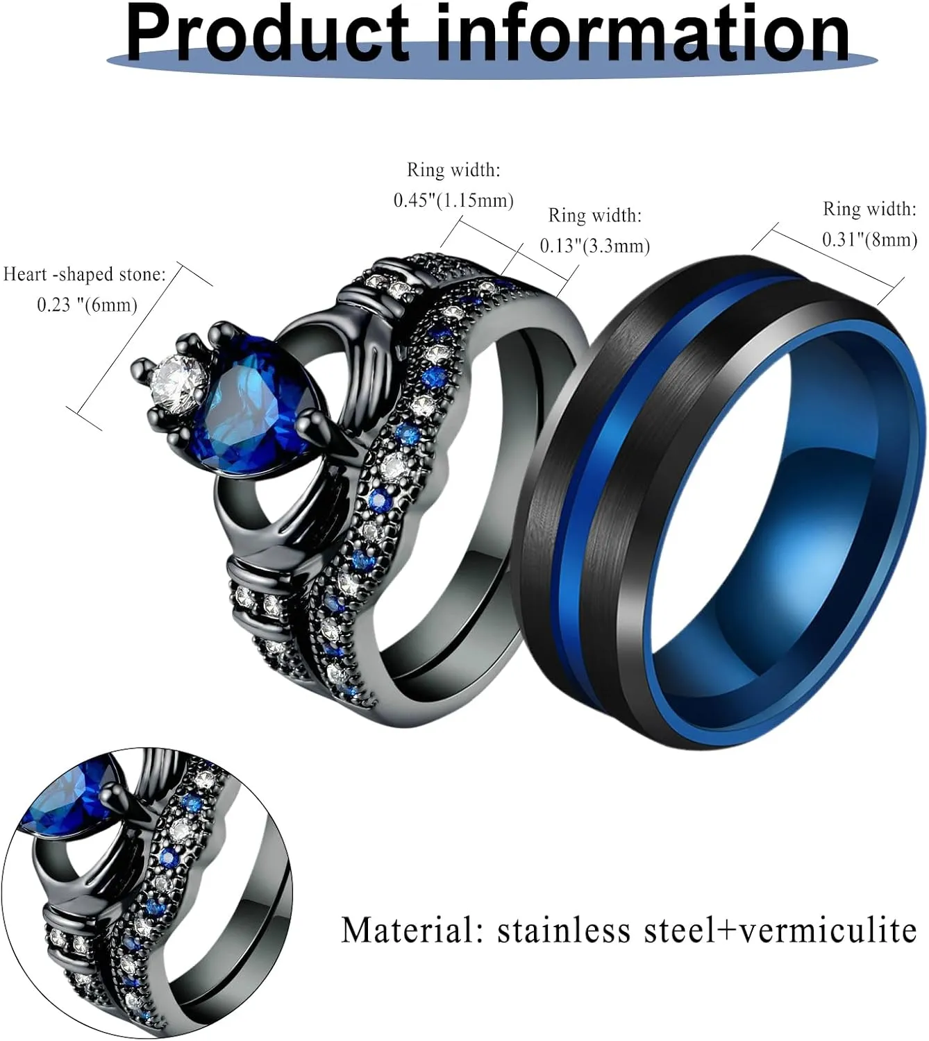 OIDEA Promise Rings for Women Men - His and Hers Matching Couple Ring, Engagement Ring Wedding Ring Band Set, Black and Blue Heart Shaped Crown Sapphire Cubic Zirconia Rings