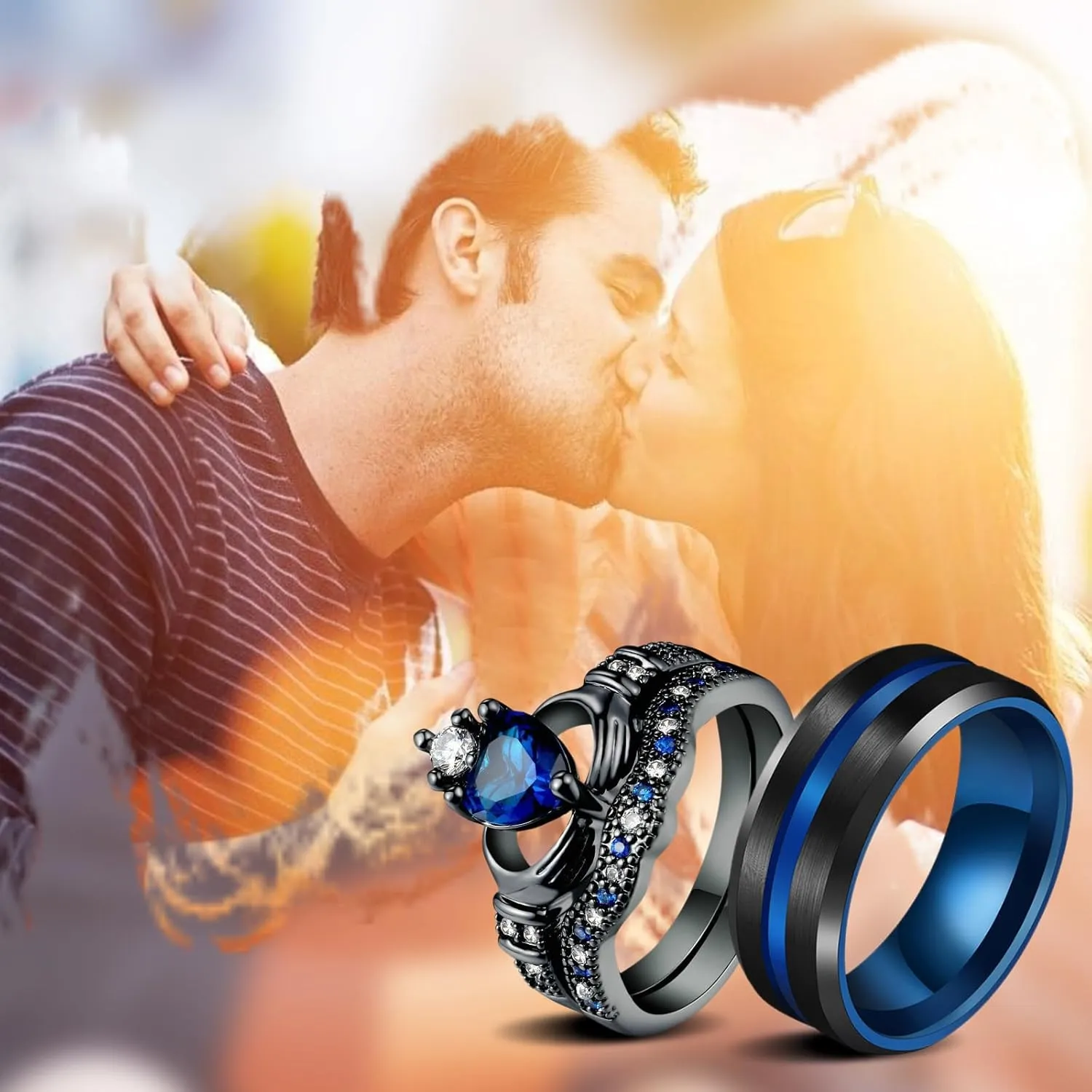 OIDEA Promise Rings for Women Men - His and Hers Matching Couple Ring, Engagement Ring Wedding Ring Band Set, Black and Blue Heart Shaped Crown Sapphire Cubic Zirconia Rings