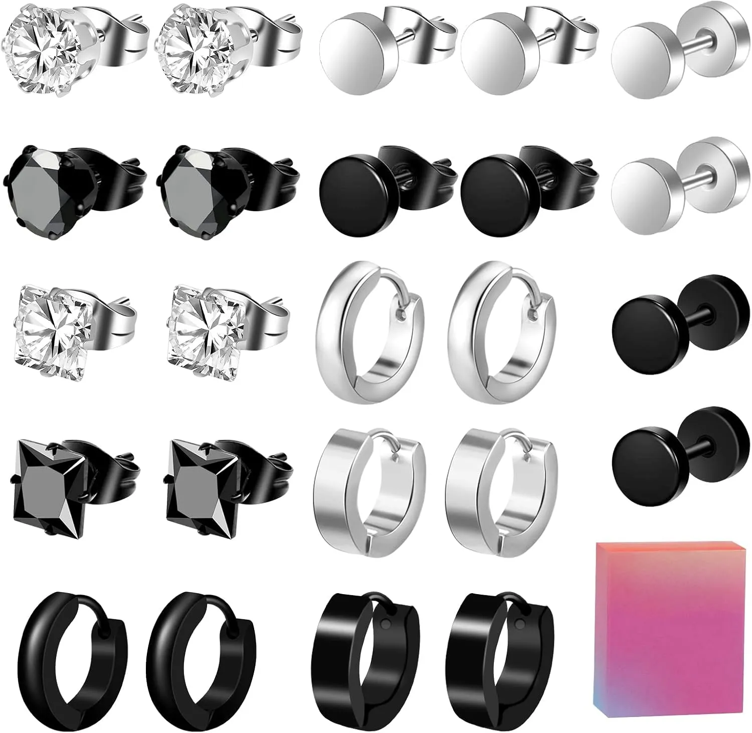 ONESING 12 Pairs Mens Earrings Stainless Steel Earrings for Men with Gift Box Stud Earrings Black Hoop Earrings Silver Flat Back Earrings Hypoallergenic Earrings Set Piercings Jewelry for Men Women
