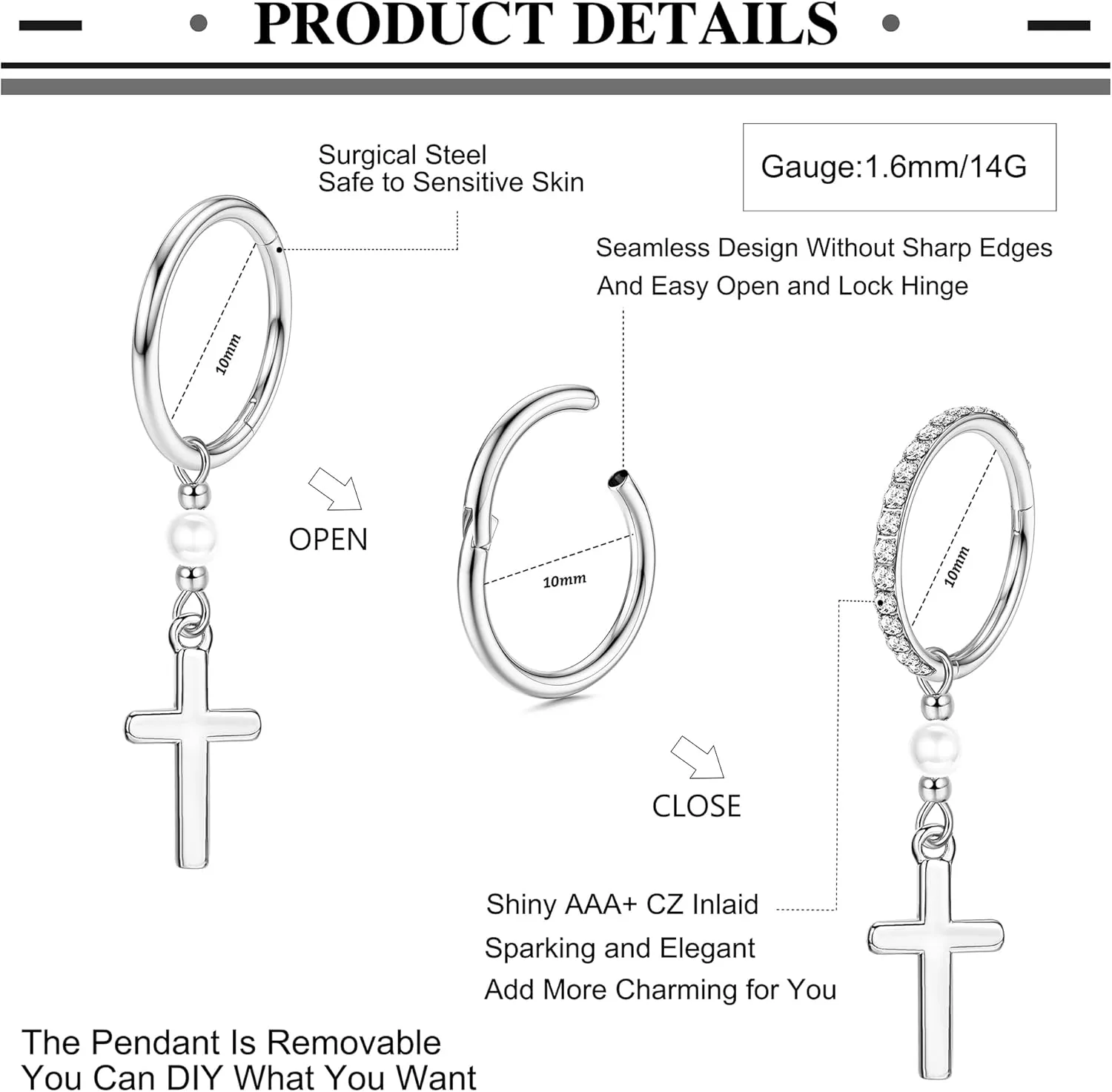 Orazio 14G Belly Button Hoop Rings - Surgical Steel Clicker, Hinged, Dangling Navel Rings in Gold & Silver Tone, 10mm & 12mm