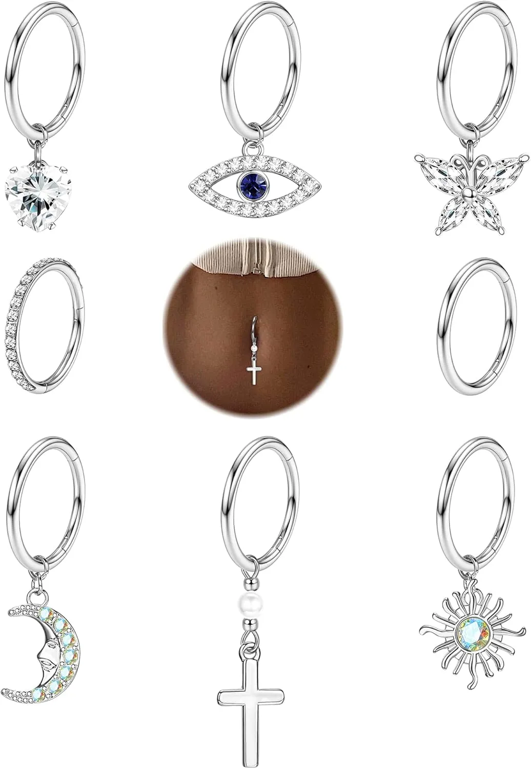 Orazio 14G Belly Button Hoop Rings - Surgical Steel Clicker, Hinged, Dangling Navel Rings in Gold & Silver Tone, 10mm & 12mm