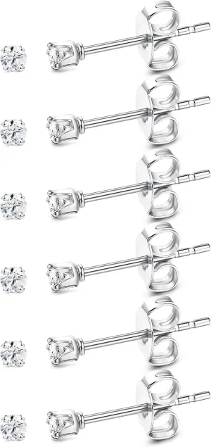 ORAZIO 6 Pairs Tiny 2mm Stainless Steel Stud Earrings For Mens Womens CZ Round Ball Cartilage Earrings Set