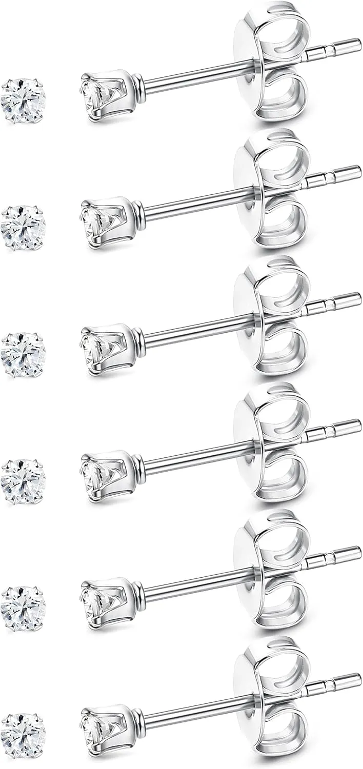 ORAZIO 6 Pairs Tiny 2mm Stainless Steel Stud Earrings For Mens Womens CZ Round Ball Cartilage Earrings Set