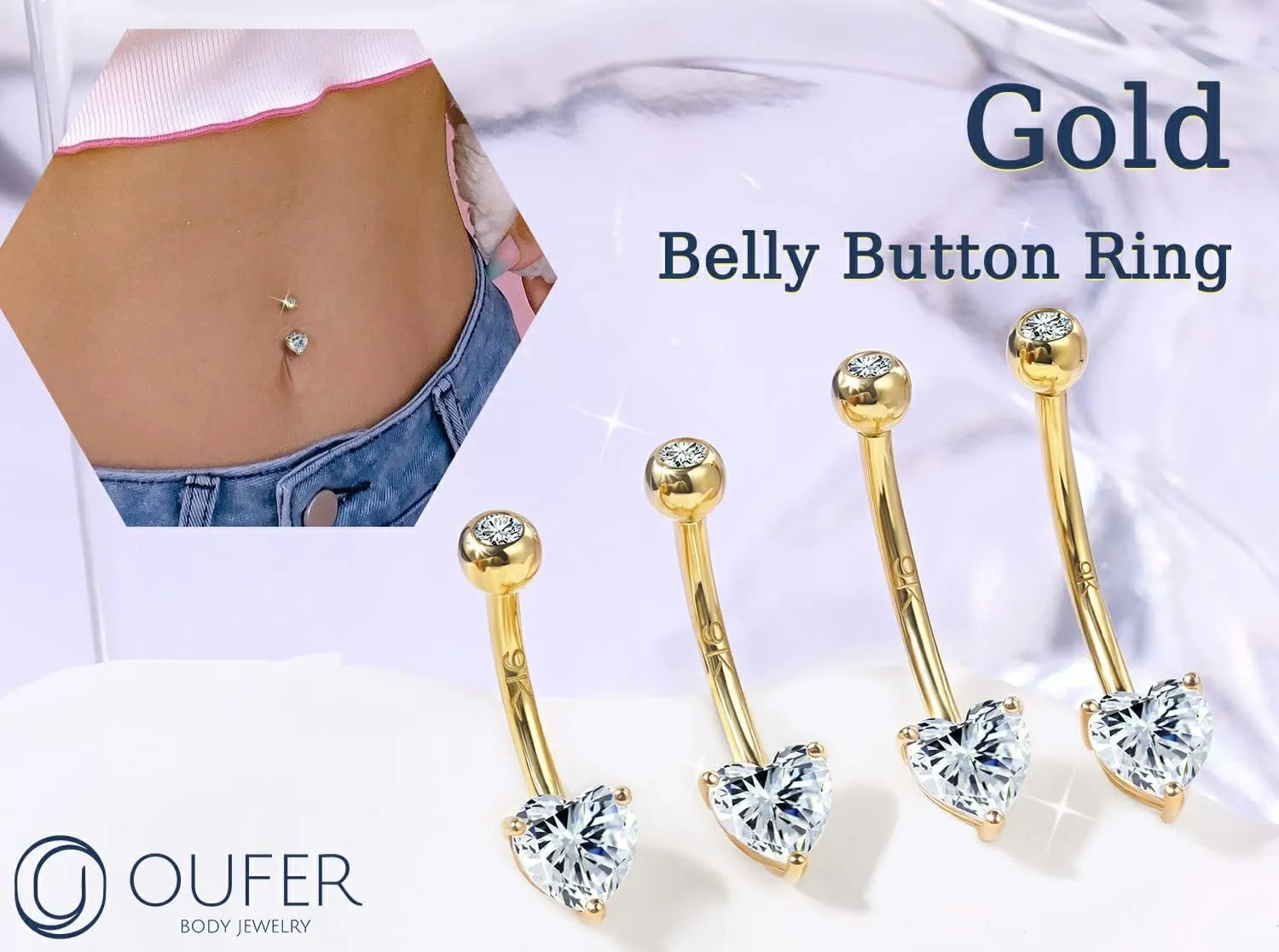 OUFER 14G Belly Rings, 9K Solid Gold Belly Button Rings, Heart Navel Rings, Internally Threaded Long Belly Piercing Jewelry for Women and Men