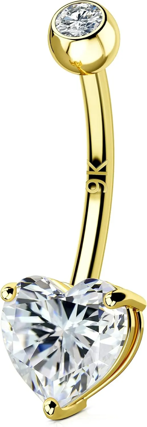 OUFER 14G Belly Rings, 9K Solid Gold Belly Button Rings, Heart Navel Rings, Internally Threaded Long Belly Piercing Jewelry for Women and Men